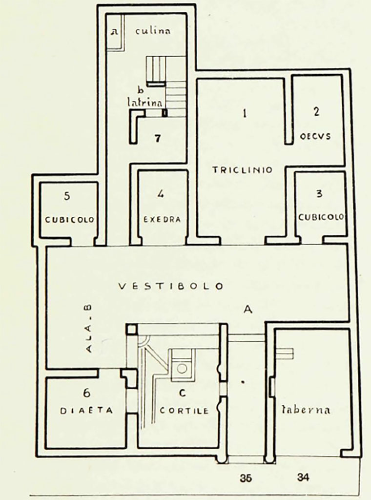 Herculaneum V.35. Casa del Gran Portale or House of Large Portal. Pre-1958 plan by Maiuri.

See Maiuri, A., 1958. Ercolano I Nuovi Scavi (1927-1958). Roma: Istituto Poligrafico dello Stato P. V., p. 378, fig. 308.